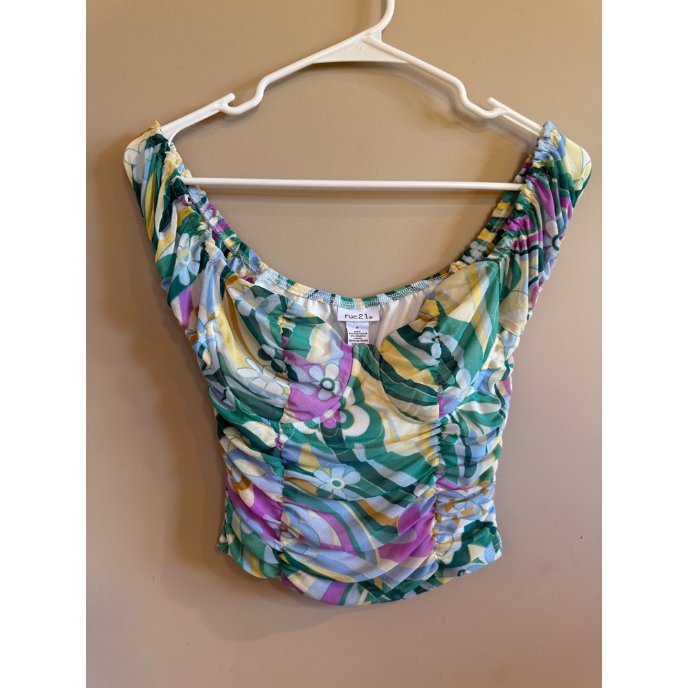 rue21 Floral Mesh Bustier Crop Top Green Purple Retro Psychedelic Ruched Small